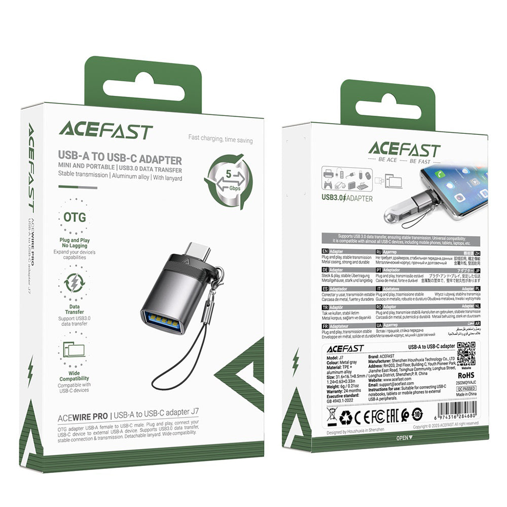 OTG Adapter USB-C - USB-A Acefast J7, Grijs