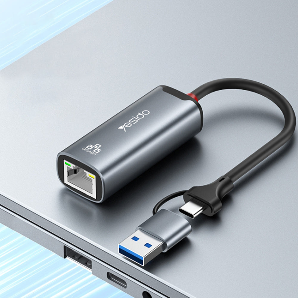 Netwerkkaart Yesido HB26, RJ45, USB / USB-C, Grijs