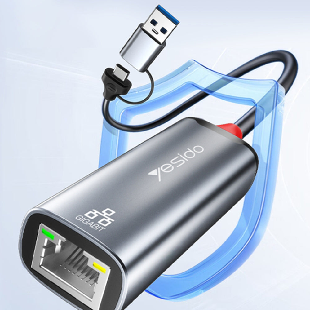 Netwerkkaart Yesido HB26, RJ45, USB / USB-C, Grijs