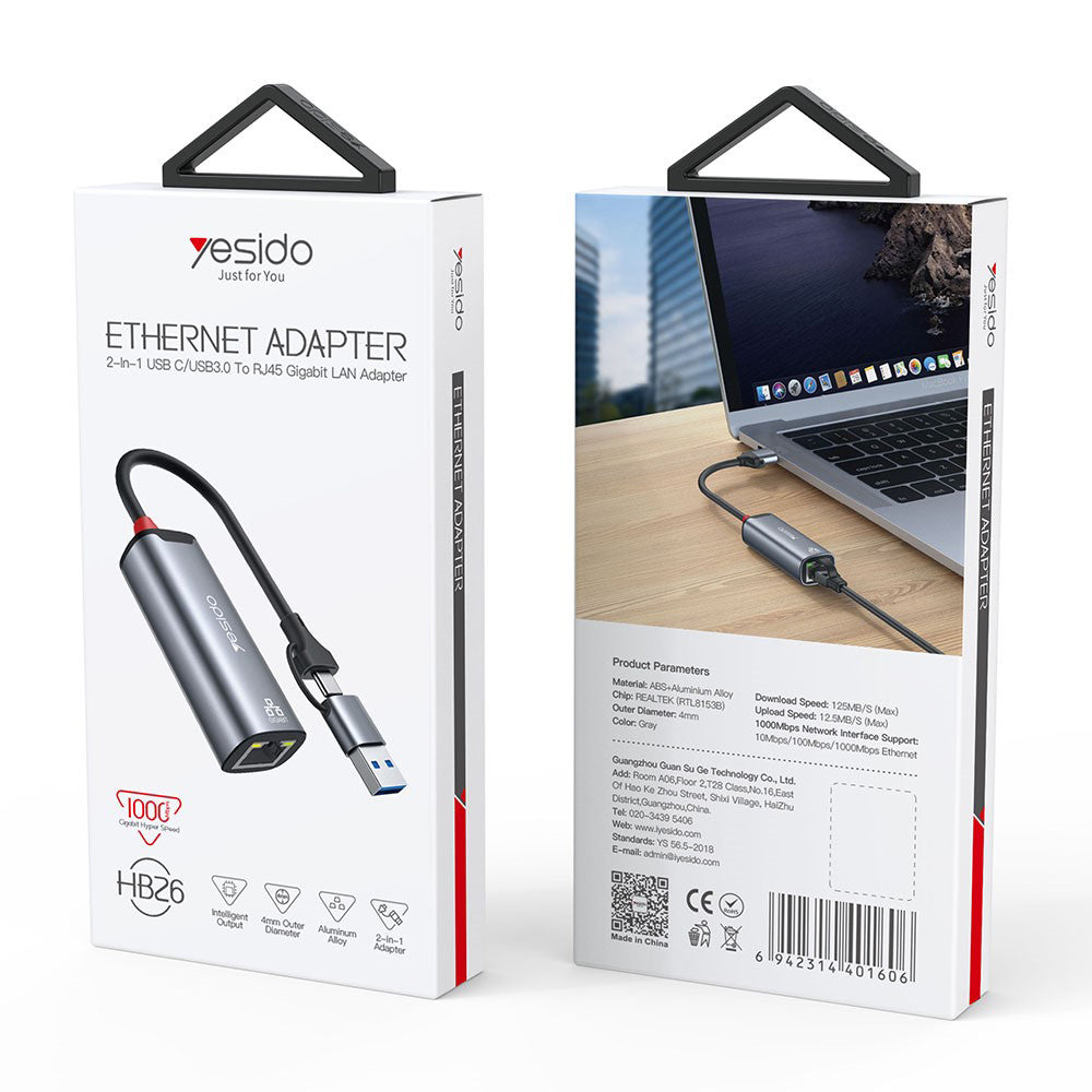 Netwerkkaart Yesido HB26, RJ45, USB / USB-C, Grijs