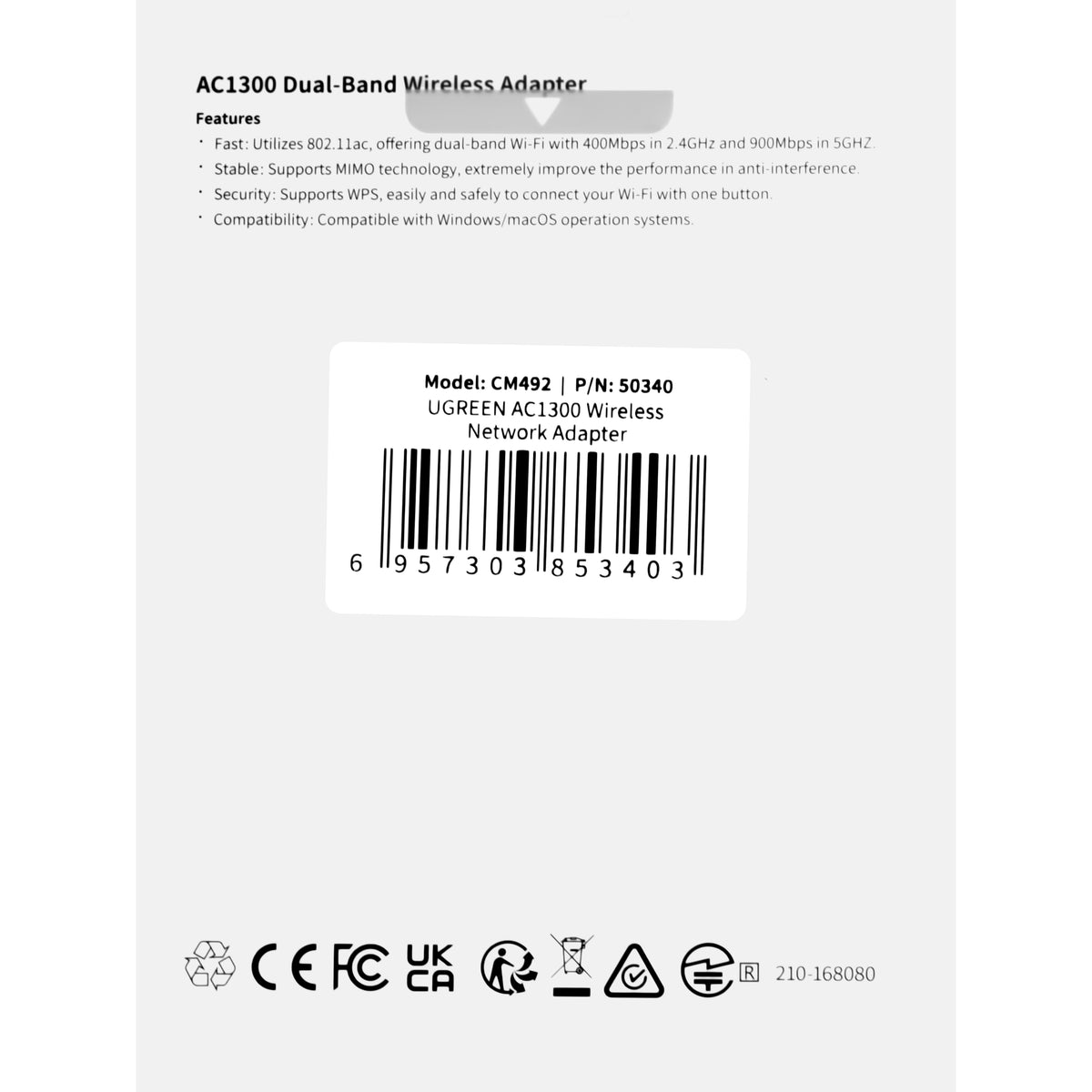 Draadloze adapter UGREEN CM492, Dual Band, 1300Mbps, Grijs