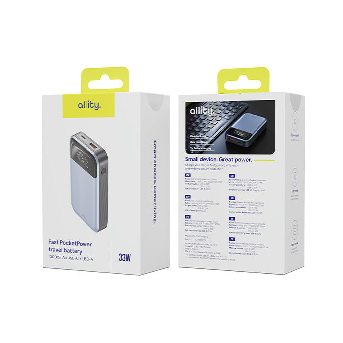 Externe Batterij Allity. APB-200 PocketPower, 10000mAh, 33W, QC + PD, 1 x USB-A - 1 x USB-C, Gri