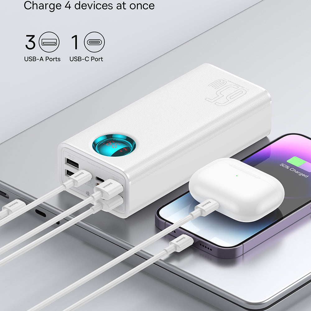 Externe Batterij Baseus Amblight Digital Display, 26800mAh, 65W, QC + PD, 1 x USB-C - 4 x USB-A, Wit P10022402223-00