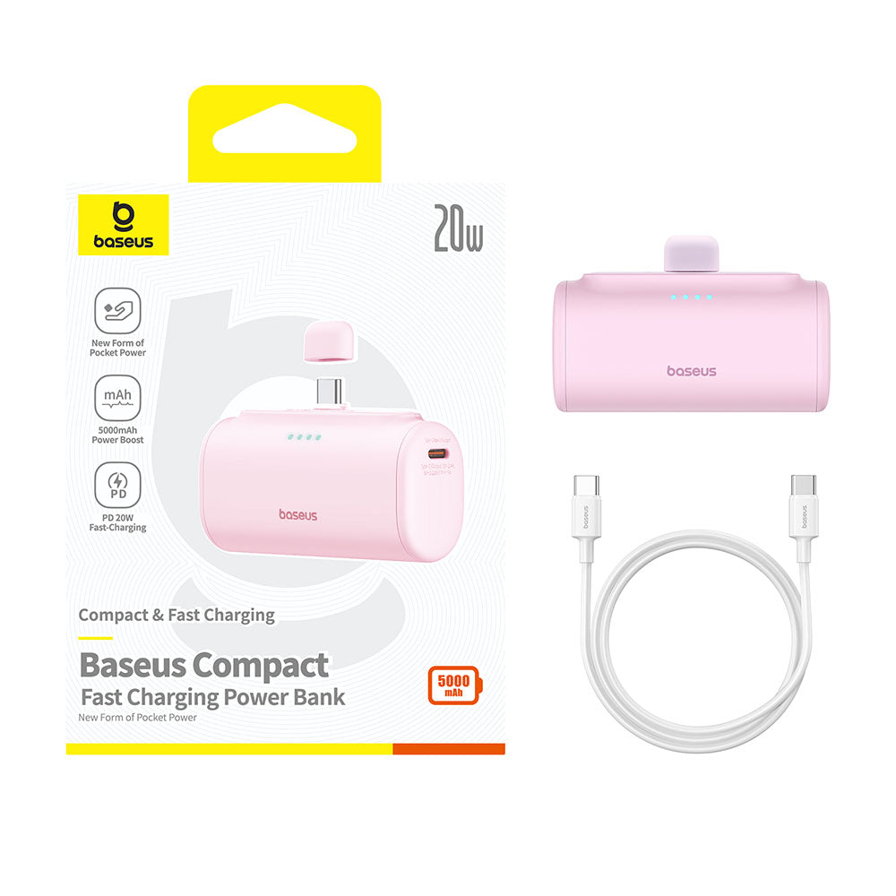 Externe Batterij Baseus Compact, 5000mAh, 20W, PD, 2 x USB-C, Roze P10068306413-00