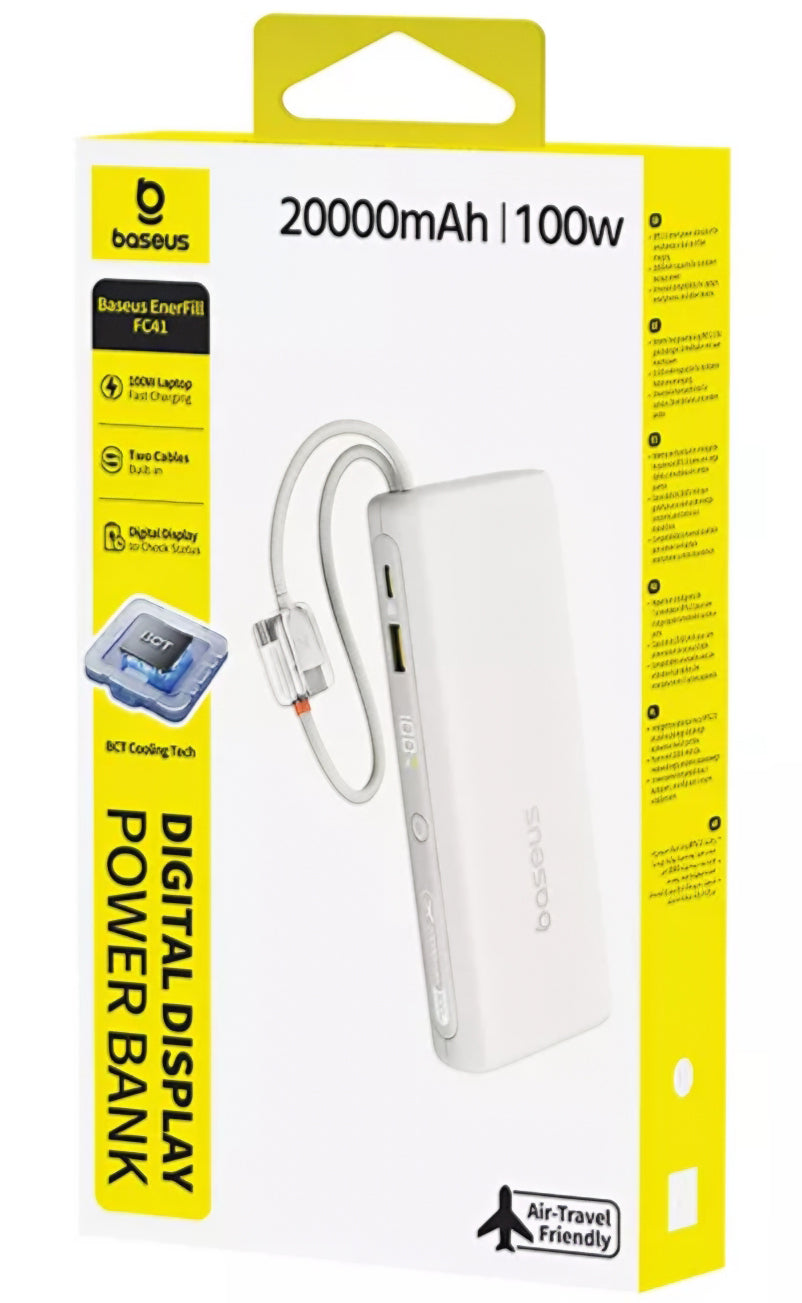 Externe batterij Baseus EnerFill FC41, 20000mAh, 100W, QC + PD, 1 x USB-A - 3 x USB-C, Wit E0028N04