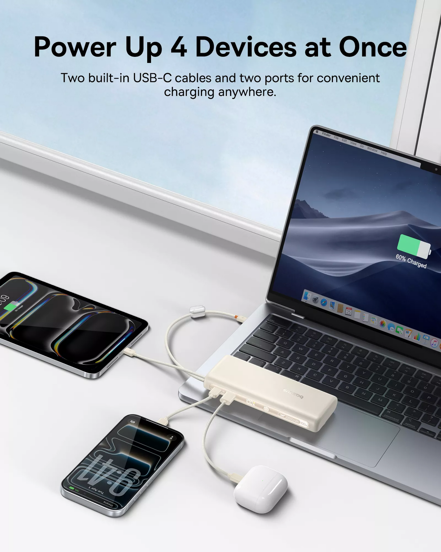 Externe batterij Baseus EnerFill FC41, 20000mAh, 100W, QC + PD, 1 x USB-A - 3 x USB-C, Wit E0028N04