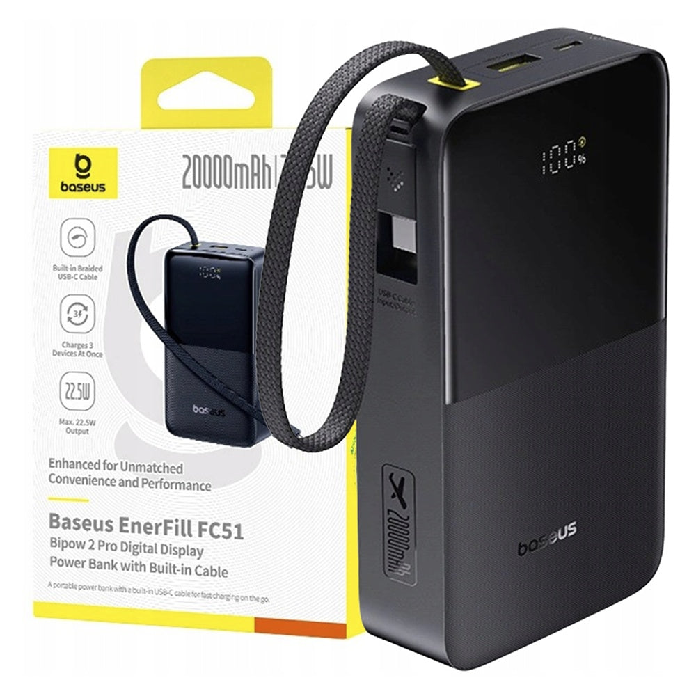 Externe Batterij Baseus EnerFill Bipow2 Pro, 20000mAh, 22.5W, QC + PD, 1 x USB-A - 2 x USB-C, Zwart E0027701