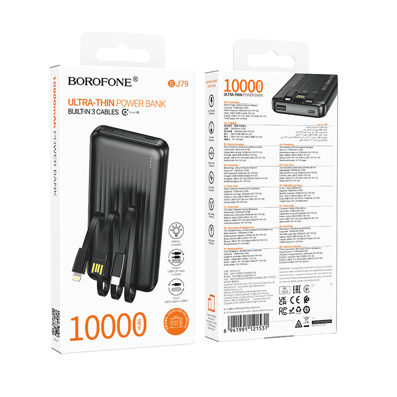 Externe Batterij Borofone BJ79 Clever, 10000mAh, 10W, 1 x Lightning - 1 x USB-A - 1 x USB-C, Zwart
