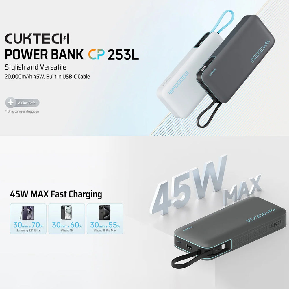 Externe batterij Cuktech LPB200N, 20000mAh, 45W, QC + PD, 1 x USB-A - 2 x USB-C, Wit CUKP200NGLLG