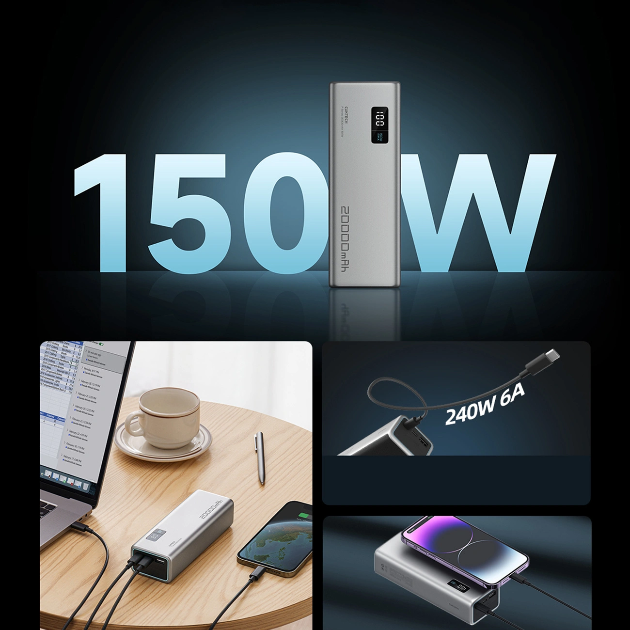 Externe Batterij Cuktech P+ No.15, 20000mAh, 150W, QC + PD, 1 x USB-A - 2 x USB-C, Grijs CUKPB200GLBK
