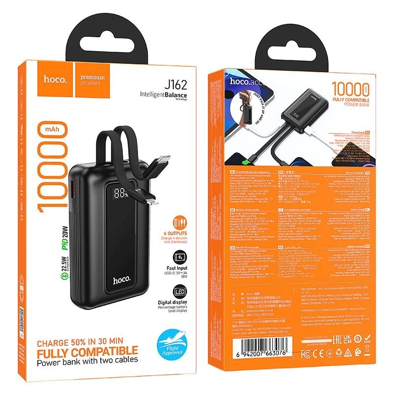 Externe batterij HOCO J162, 10000mAh, 22.5W, QC + PD, 1 x Lightning - 1 x USB-A - 2 x USB-C, Zwart