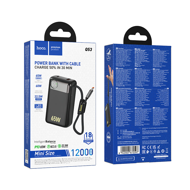 Externe batterij HOCO Q53, 12000mAh, 65W, QC + PD, 1 x USB-A - 2 x USB-C, Zwart