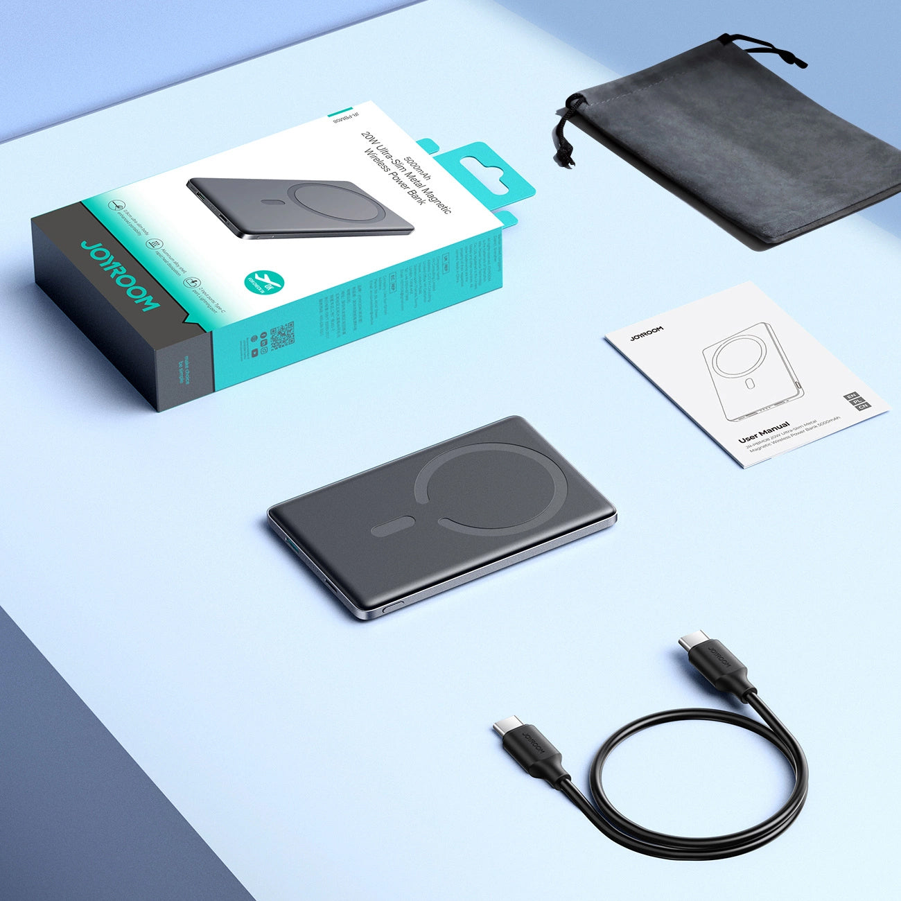 Externe Draadloze Batterij Joyroom JR-PBM08, 5000mAh, 20W, PD + FQI, 1 x QI - 1 x USB-C, Gri