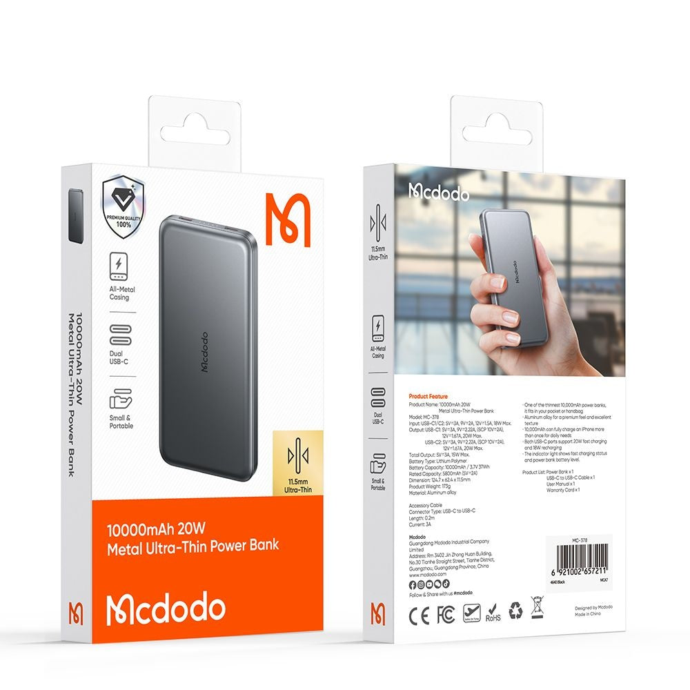 Externe Batterij McDodo MC-3781 Meta, 10000mAh, 20W, PD, 2 x USB-C, Zwart