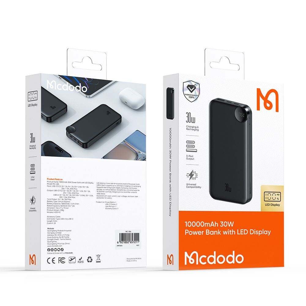 Externe Batterij McDodo MC-3850 Display, 10000mAh, 30W, QC + PD, 1 x USB-A - 2 x USB-C, Zwart