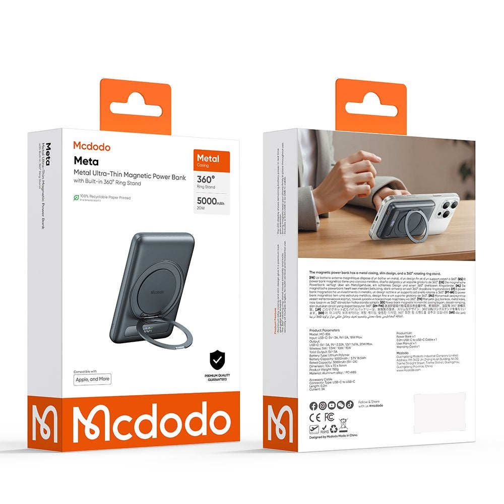 Draadloze Externe Batterij McDodo MC-8361 Meta, 5000mAh, 20W, PD + FQI, 1 x QI - 1 x USB-C, Gri