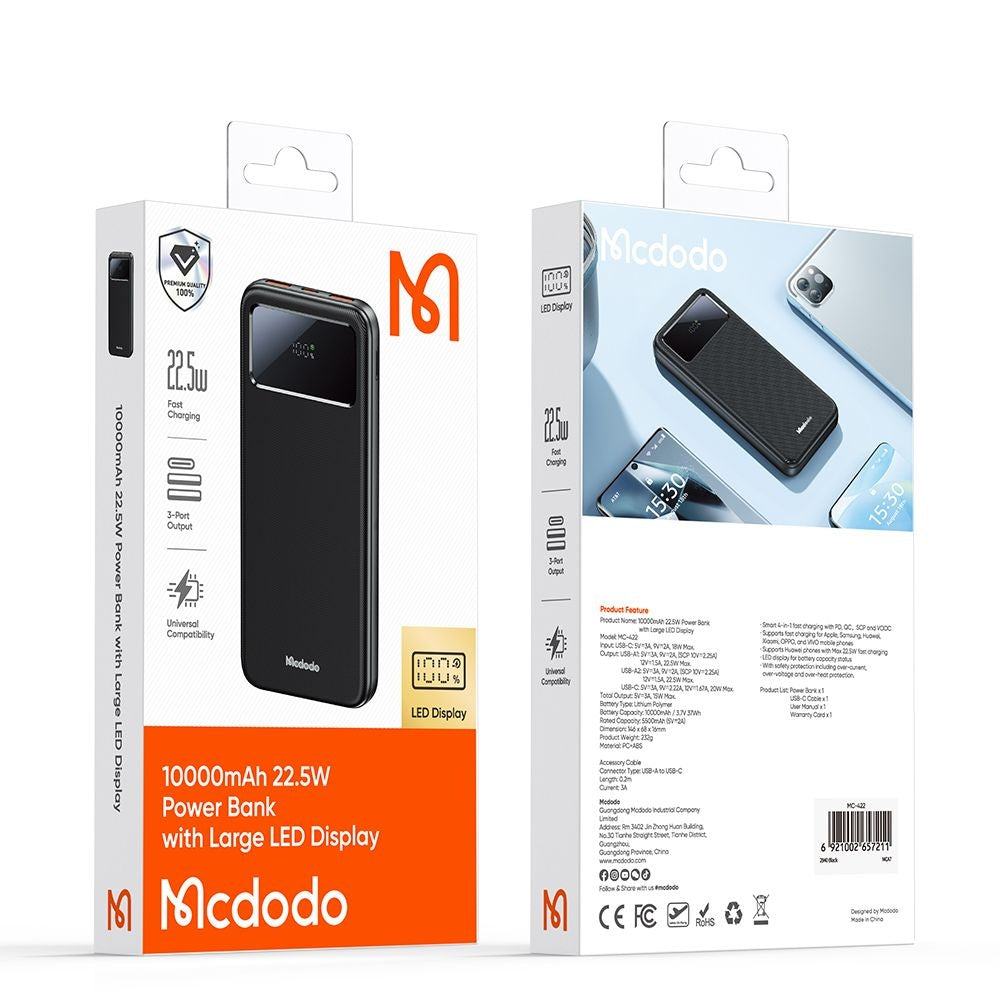 Externe Batterij McDodo MC-4220, 10000mAh, 22.5W, QC + PD, 2 x USB-A - 1 x USB-C, Zwart