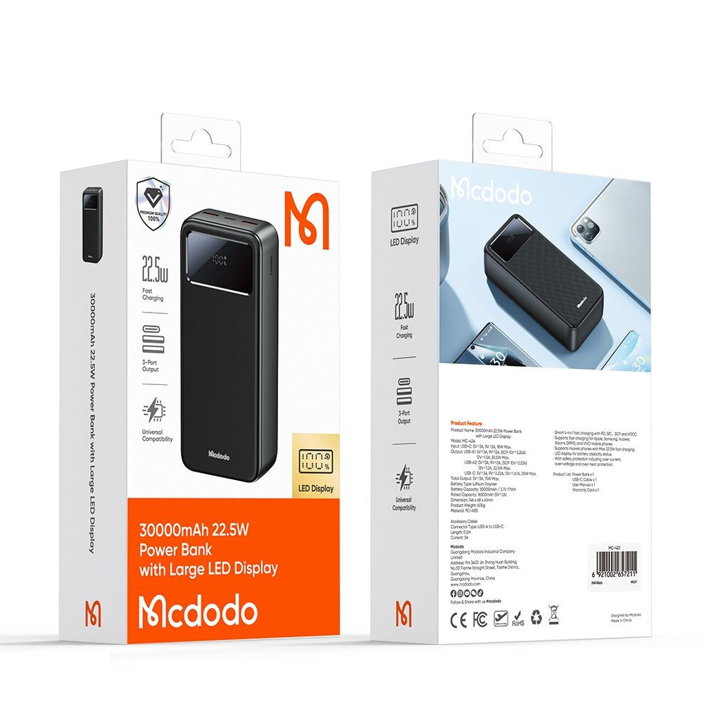 Externe Batterij McDodo MC-4240, 30000mAh, 22.5W, QC + PD, 2 x USB-A - 1 x USB-C, Zwart
