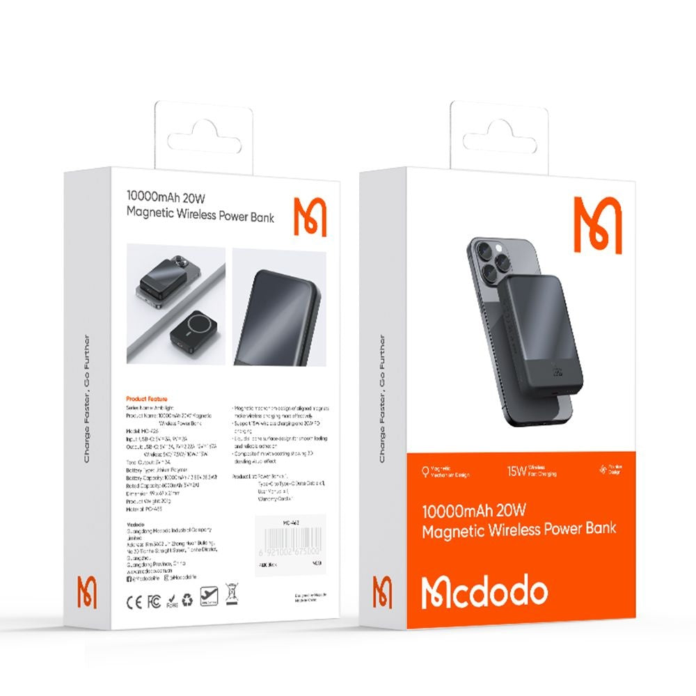 Draadloze Externe Batterij McDodo MC-4261 Ambilight, 10000mAh, 20W, PD + FQI, 1 x QI - 1 x USB-C, Zwart