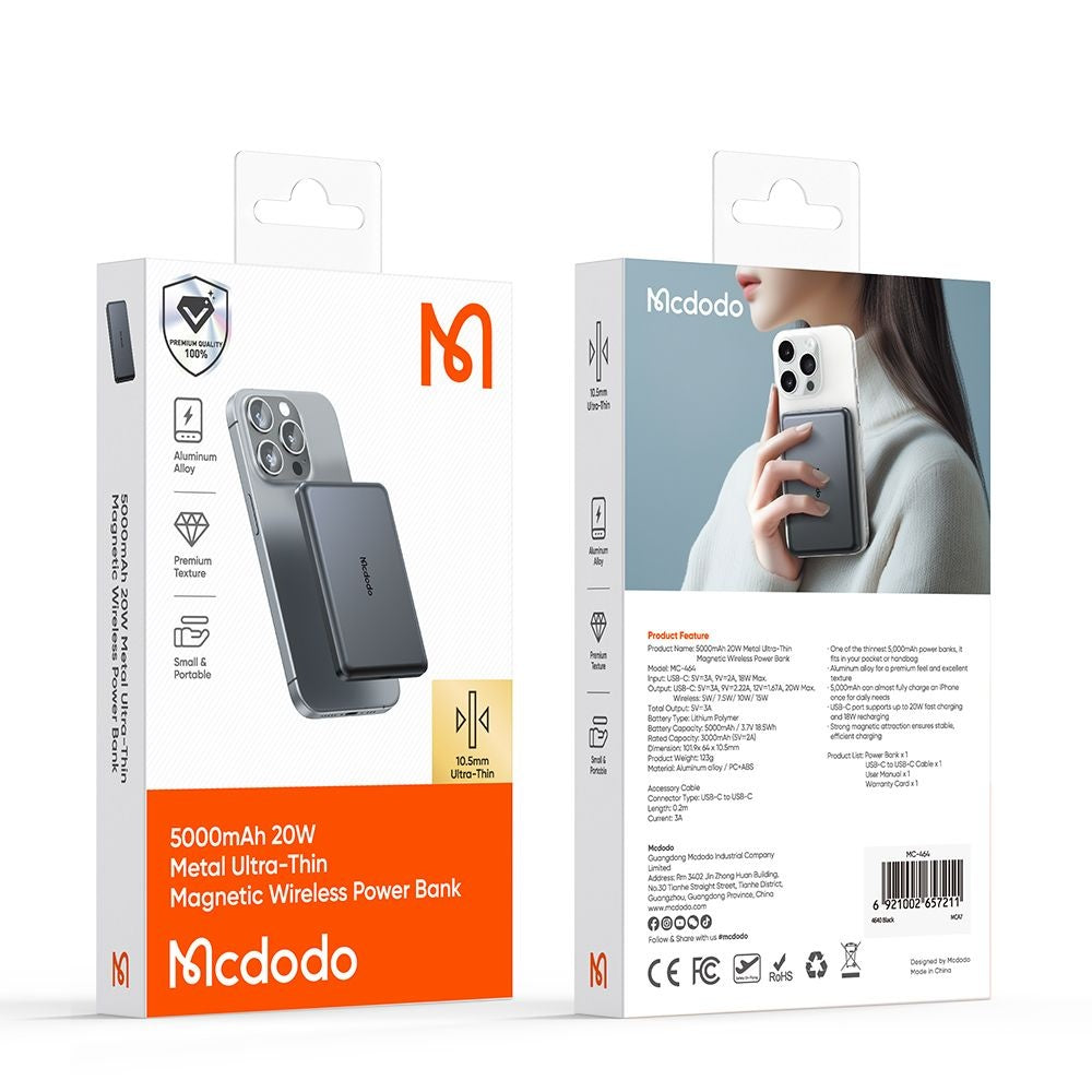 Draadloze Externe Batterij McDodo MC-4641 Meta, 5000mAh, 20W, PD + FQI, 1 x QI - 1 x USB-C, Zwart