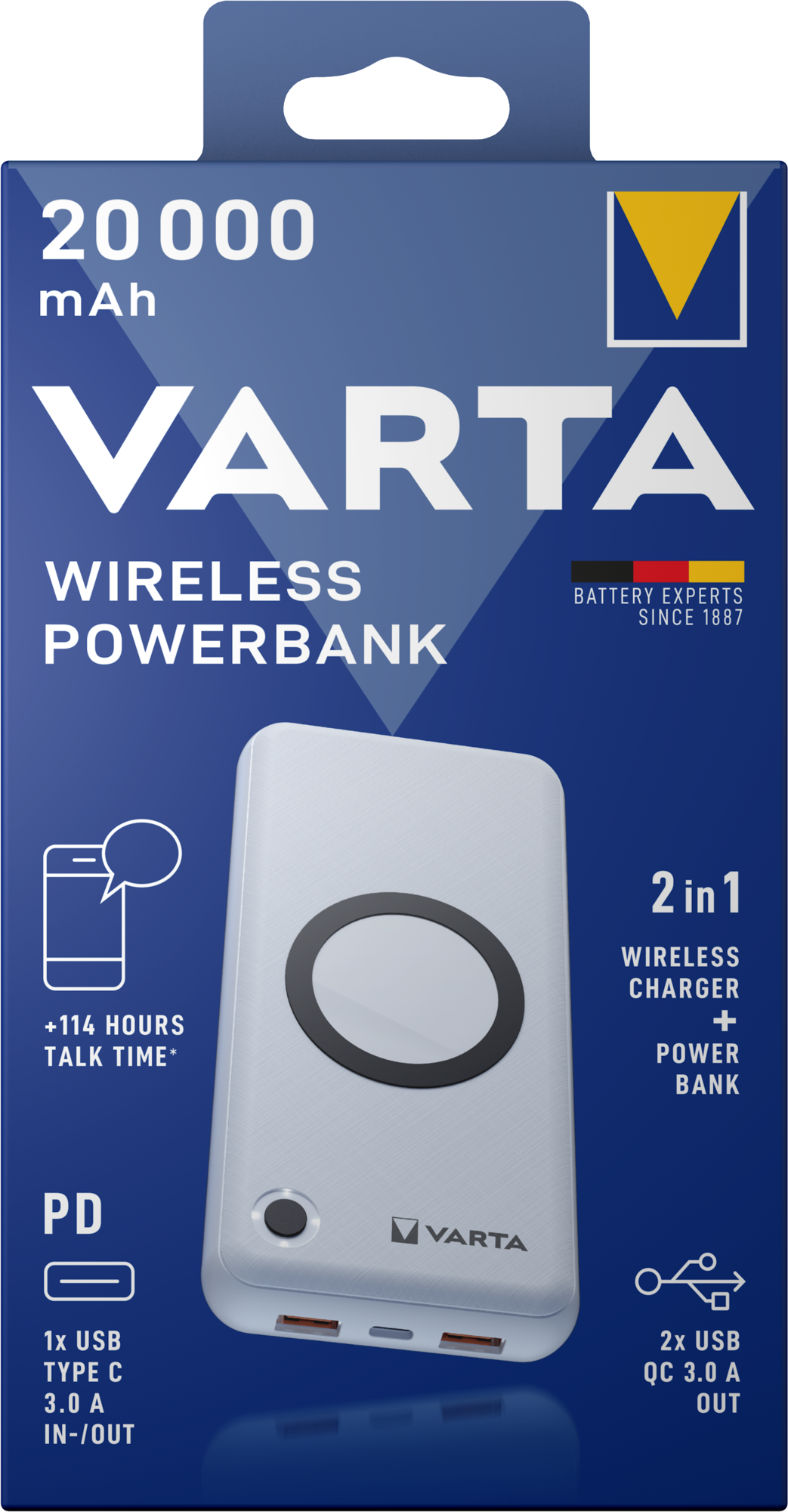 Draadloze Externe Batterij Varta Energy, 20000mAh, 18W, QC + PD + FQI, 1 x QI - 1 x USB-C - 2 x USB-A, Wit