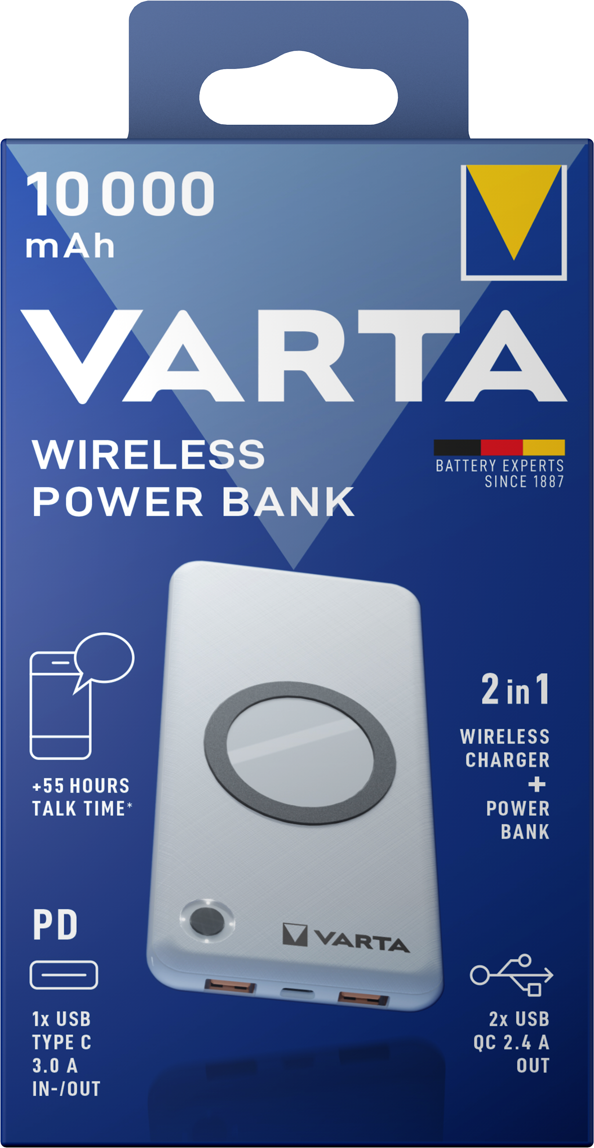 Draadloze Externe Batterij Varta Energy, 10000mAh, 18W, QC + PD + FQI, 1 x QI - 1 x USB-C - 2 x USB-A, Wit
