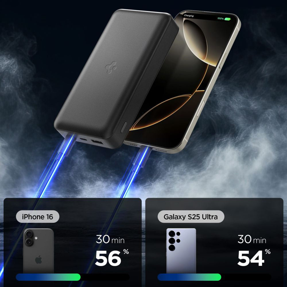 Externe Batterij Spigen, 20000mAh, 30W, QC + PD, 1 x USB-A - 2 x USB-C, Zwart ABA09433