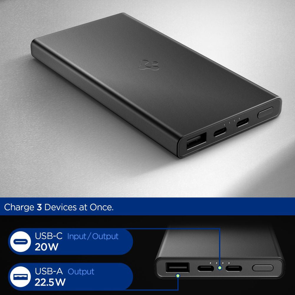 Externe Batterij Spigen Essential, 10000mAh, 22.5W, QC + PD, 1 x USB-A - 2 x USB-C, Zwart ABA09431
