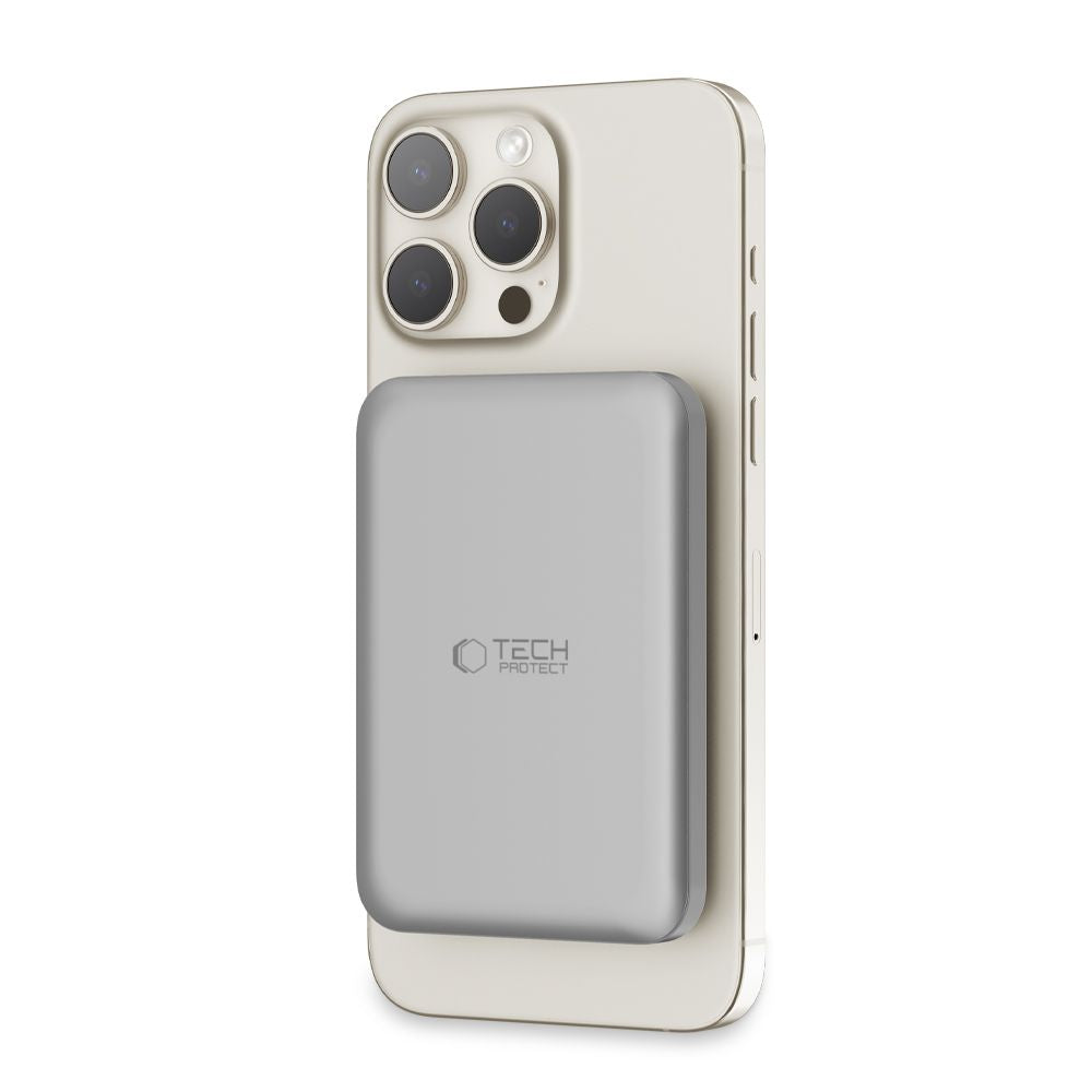 Tech-Protect PB10 LifeMag Externe Draadloze Batterij, 5000mAh, 15W, PD + FQI, 1 x QI - 1 x USB-C, Grijs