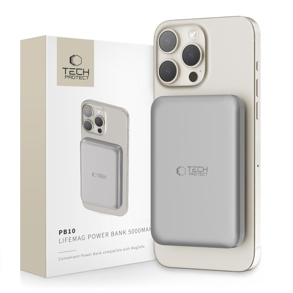 Tech-Protect PB10 LifeMag Externe Draadloze Batterij, 5000mAh, 15W, PD + FQI, 1 x QI - 1 x USB-C, Grijs