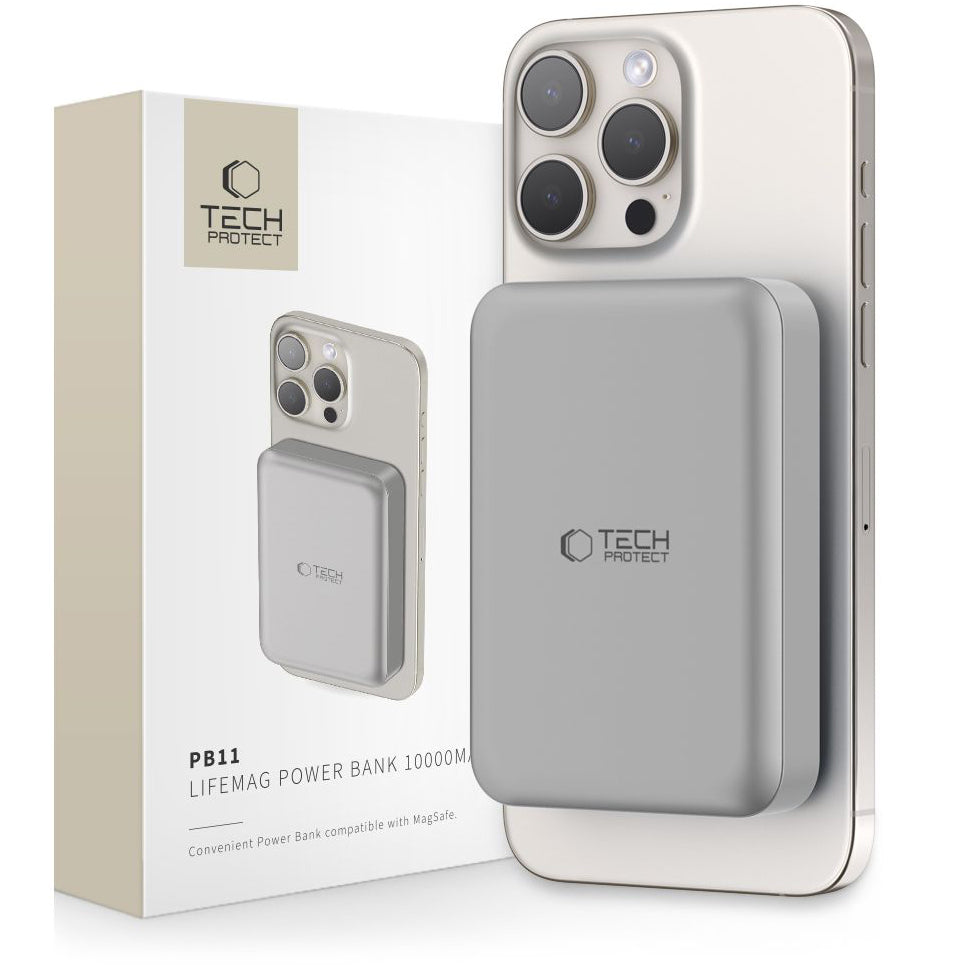 Externe draadloze batterij Tech-Protect PB11 LifeMag, 10000mAh, 15W, PD + FQI, 1 x QI - 1 x USB-C, Grijs
