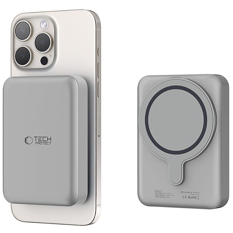 Externe draadloze batterij Tech-Protect PB11 LifeMag, 10000mAh, 15W, PD + FQI, 1 x QI - 1 x USB-C, Grijs