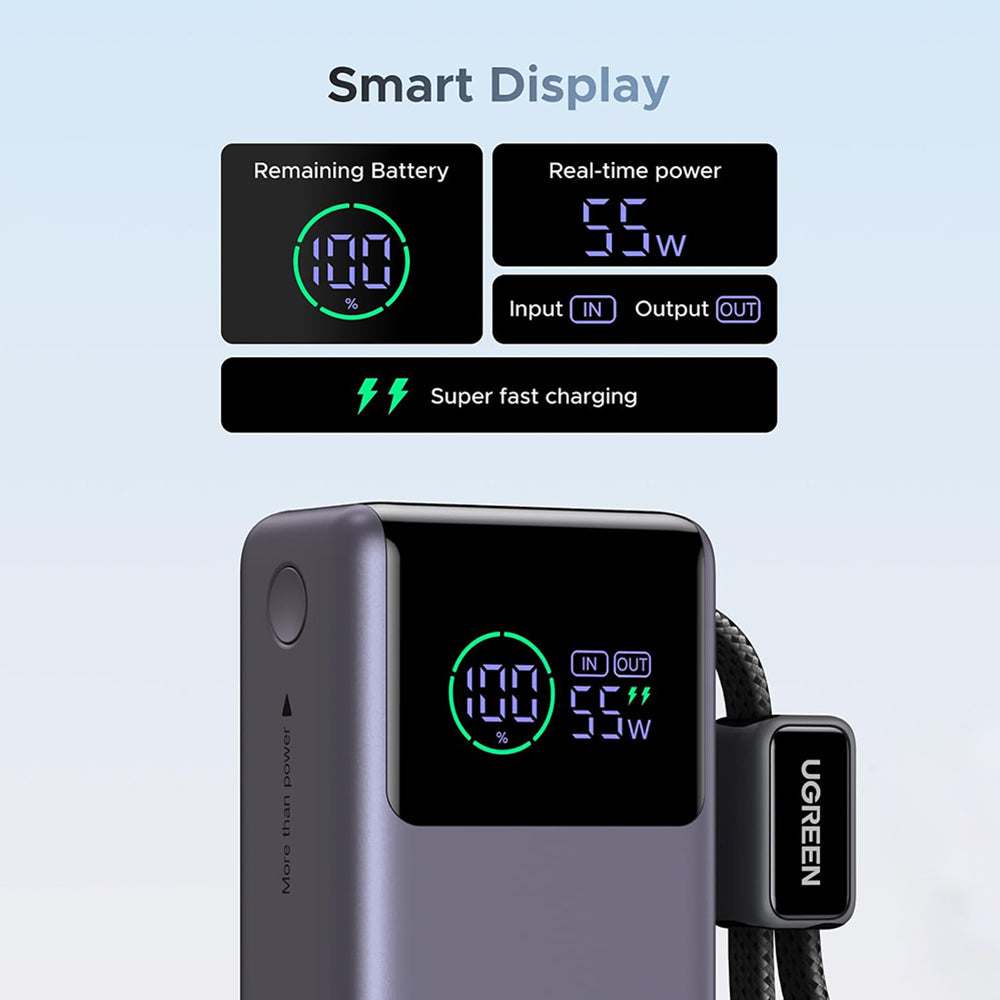 Externe batterij UGREEN Nexode Pro PB727 (85301B), 10000mAh, 55W, QC + PD, 1 x USB-A - 2 x USB-C, Grijs