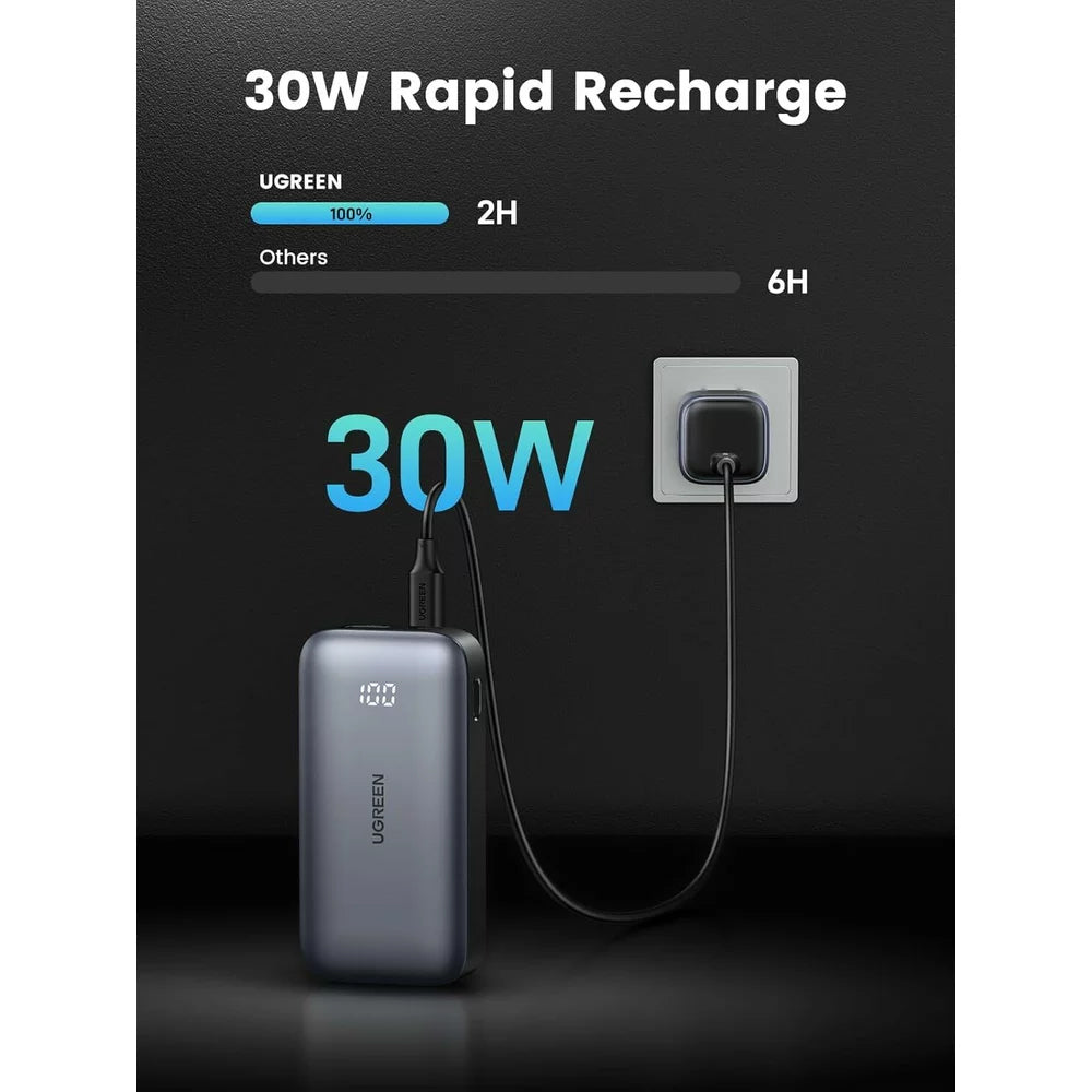 UGREEN PB502 Externe Batterij, 10000mAh, 30W, QC + PD, 1 x USB-A - 1 x USB-C, Grijs