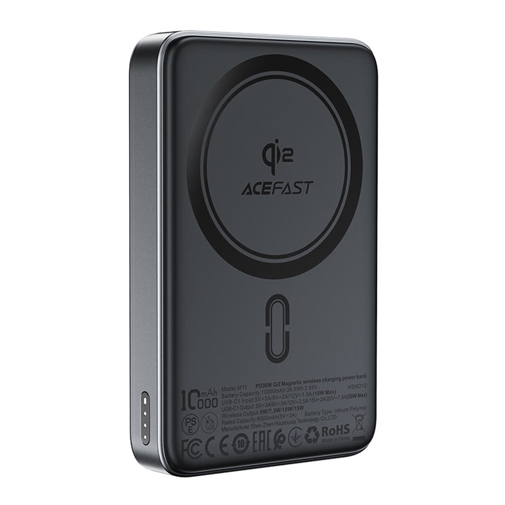 Draadloze Externe Batterij Acefast M11, 10000mAh, 30W, PD + FQI, 1 x QI - 1 x USB-C, Zwart