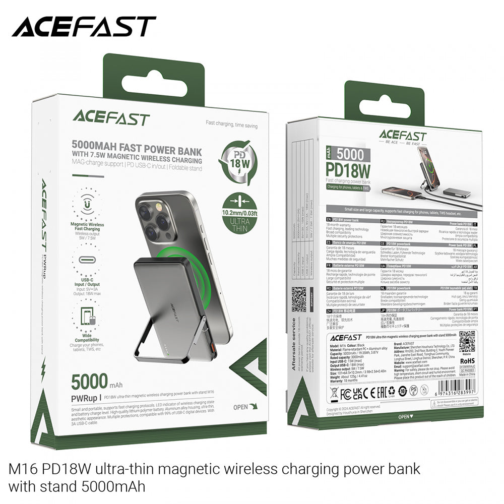 Draadloze Externe Batterij Acefast M16, 5000mAh, 18W, PD + FQI, 1 x QI - 1 x USB-C, Zwart