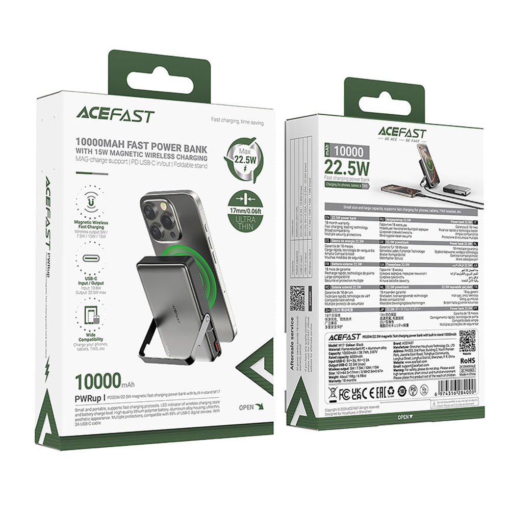 Draadloze Externe Batterij Acefast M17, 10000mAh, 22.5W, PD + FQI, 1 x QI - 1 x USB-C, Zwart