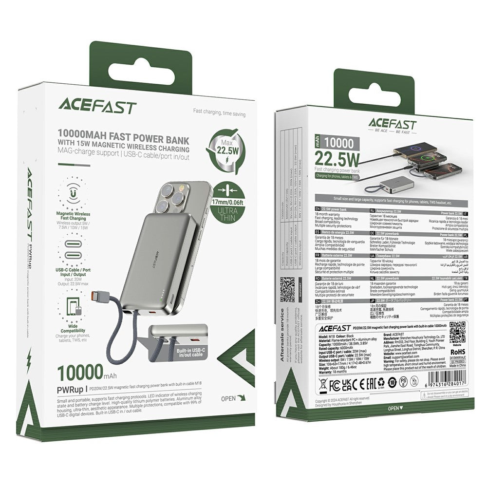 Draadloze Externe Batterij Acefast M18, 10000mAh, 22.5W, PD + FQI, 1 x QI - 2 x USB-C, Zwart