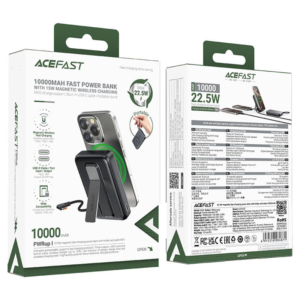 Draadloze Externe Batterij Acefast M24, 10000mAh, 22.5W, PD + FQI, 1 x QI - 2 x USB-C, Gri