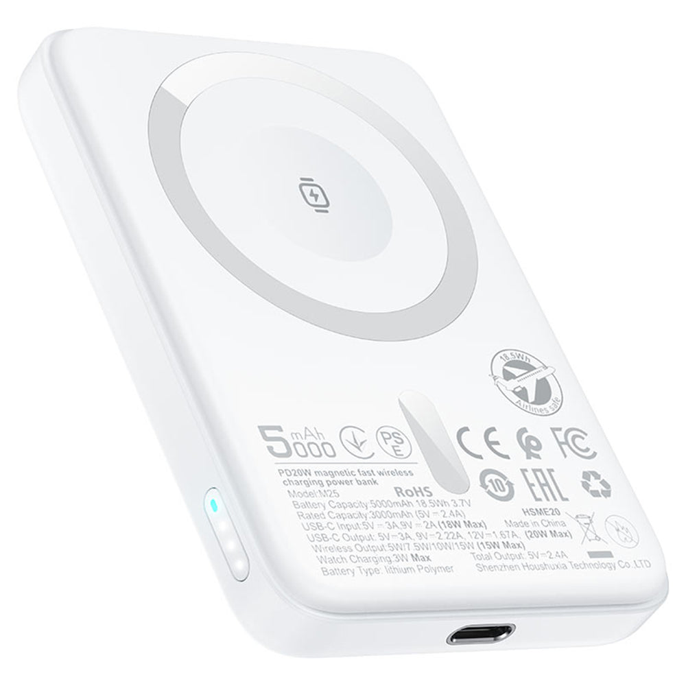 Draadloze Externe Batterij Acefast M25, 5000mAh, 20W, PD + FQI, 1 x QI - 1 x USB-C, Wit