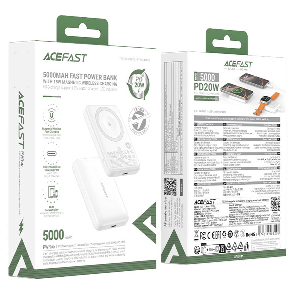 Draadloze Externe Batterij Acefast M25, 5000mAh, 20W, PD + FQI, 1 x QI - 1 x USB-C, Wit