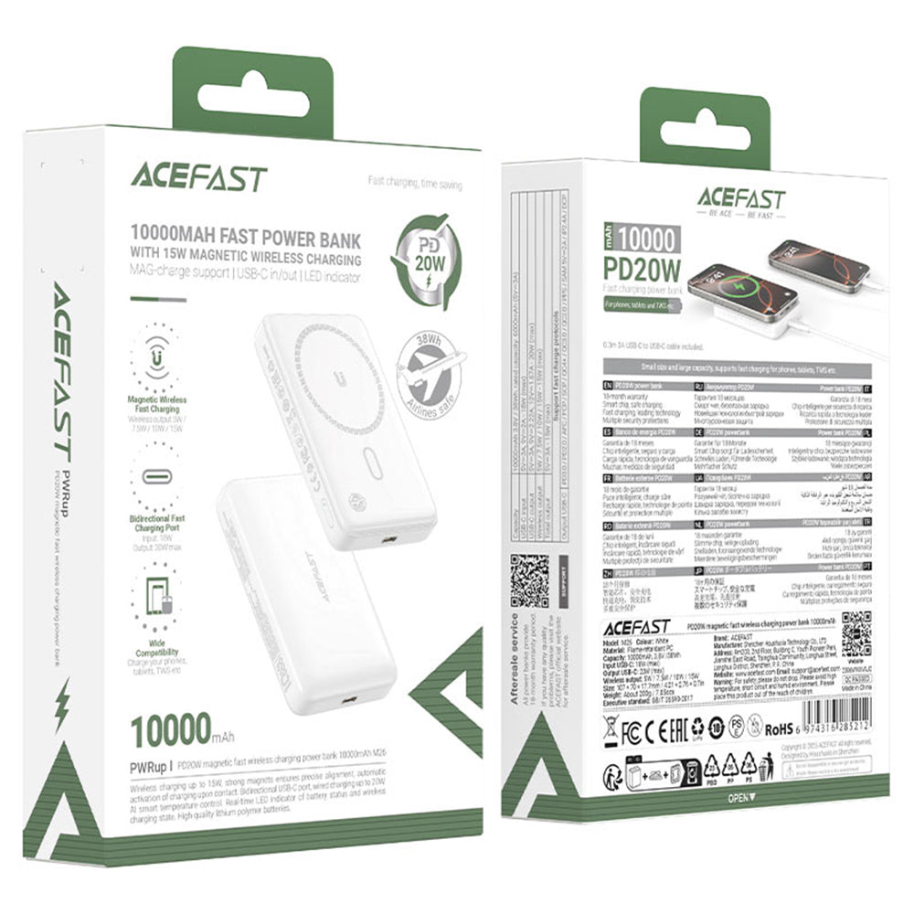 Draadloze Externe Batterij Acefast M26, 10000mAh, 20W, PD + FQI, 1 x QI - 1 x USB-C, Wit