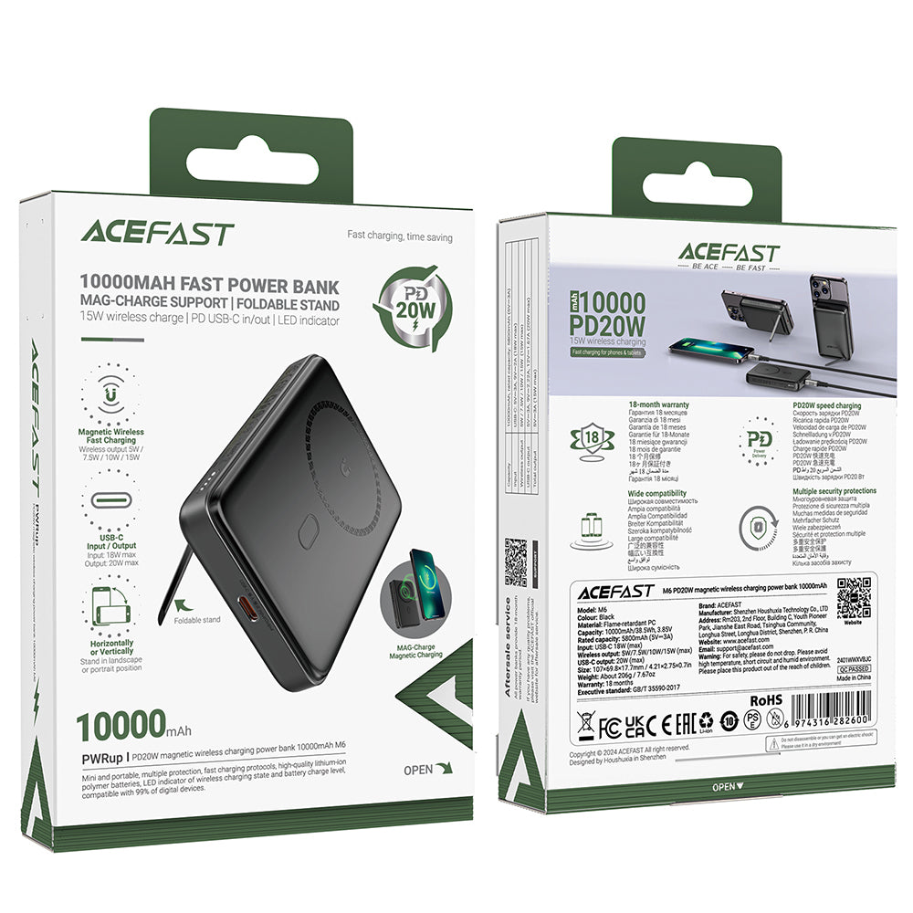 Draadloze Externe Batterij Acefast M6, 10000mAh, 20W, PD + FQI, 1 x QI - 1 x USB-C, Zwart