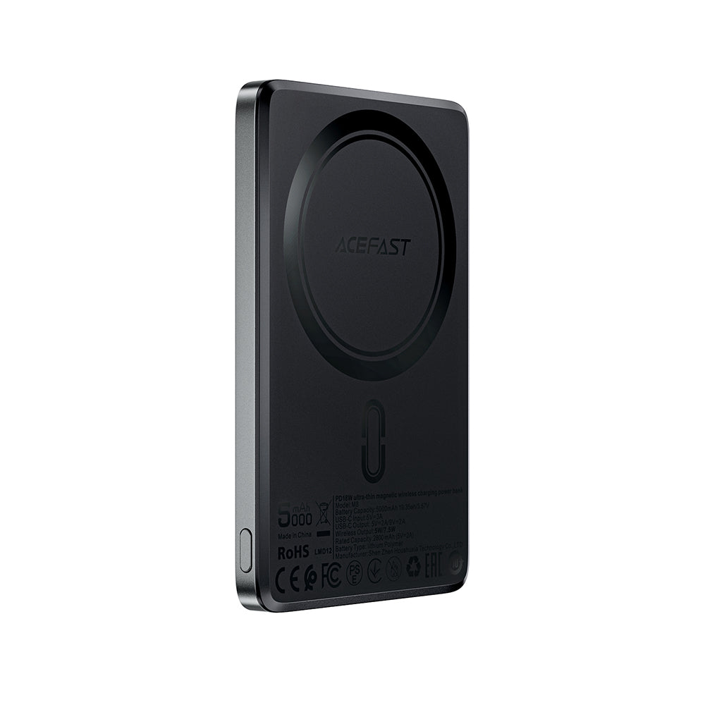 Draadloze Externe Batterij Acefast M8, 5000mAh, 18W, PD + FQI, 1 x QI - 1 x USB-C, Zwart