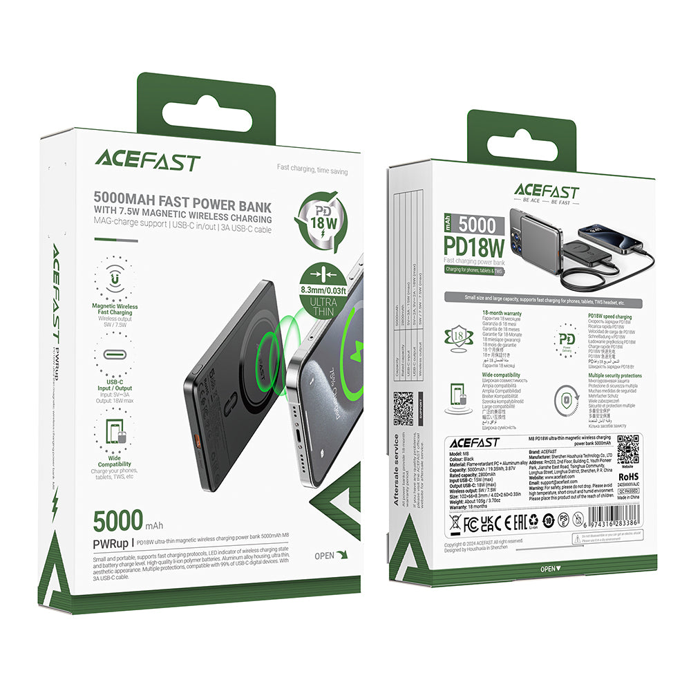 Draadloze Externe Batterij Acefast M8, 5000mAh, 18W, PD + FQI, 1 x QI - 1 x USB-C, Zwart