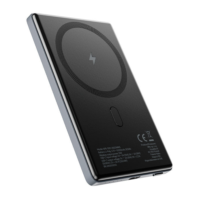 Draadloze Externe Batterij Allity. APB-300, 5000mAh, 20W, PD + FQI, 1 x QI - 1 x USB-C, Gri