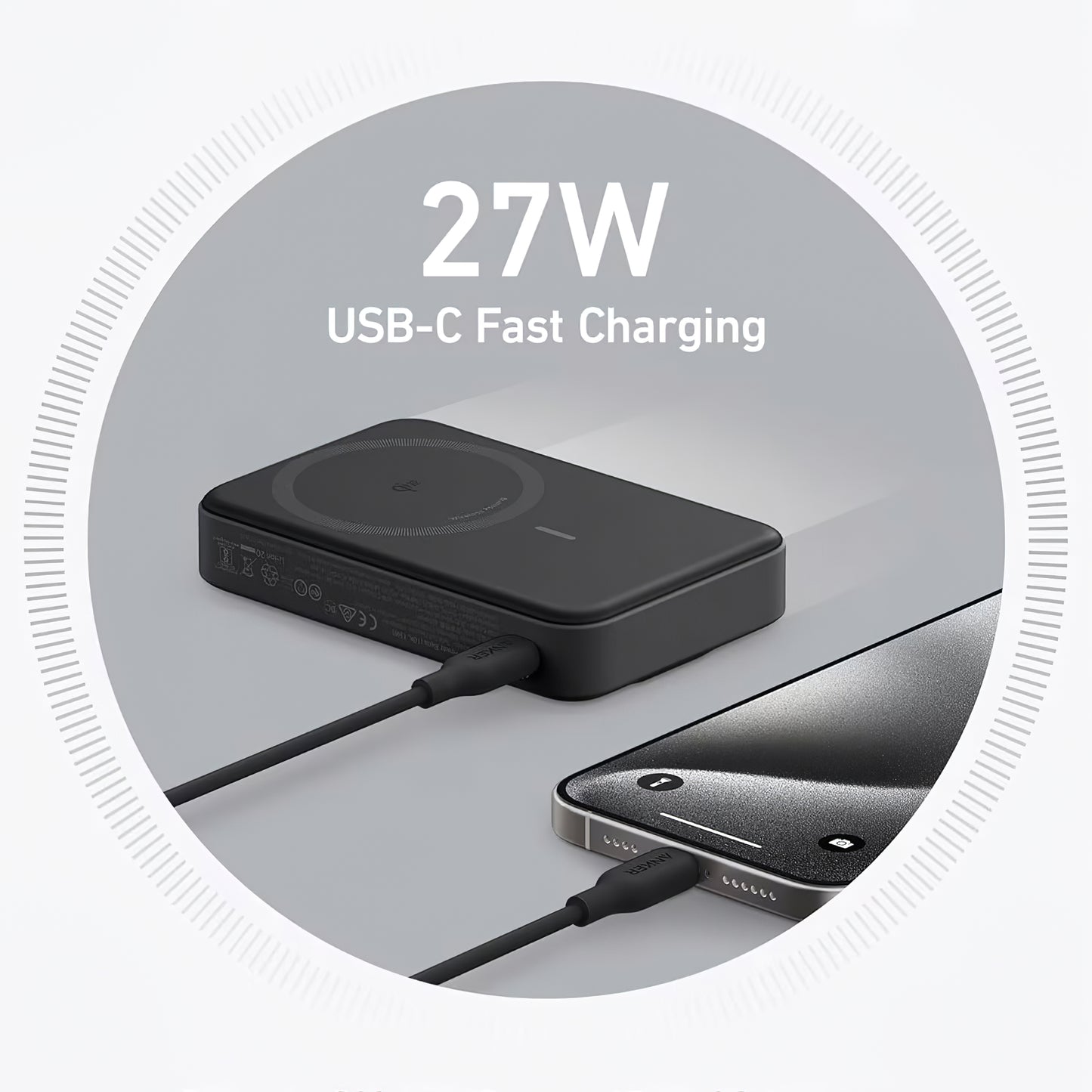 Anker MagGo draadloze externe batterij, 10000mAh, 27W, PD + FQI, 1 x QI - 1 x USB-C, Zwart A1654G11