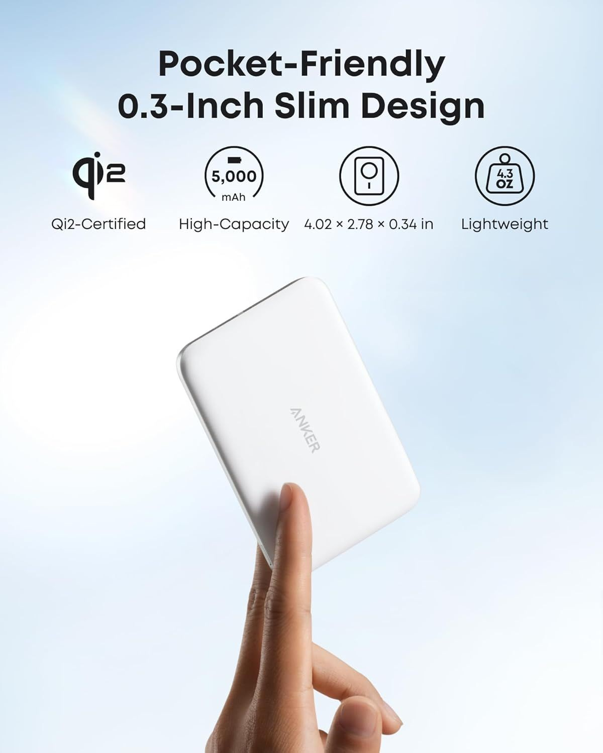 Anker Nano Wireless External Battery, 5000mAh, 20W, PD + FQI, 1 x QI - 1 x USB-C, White A1665H21