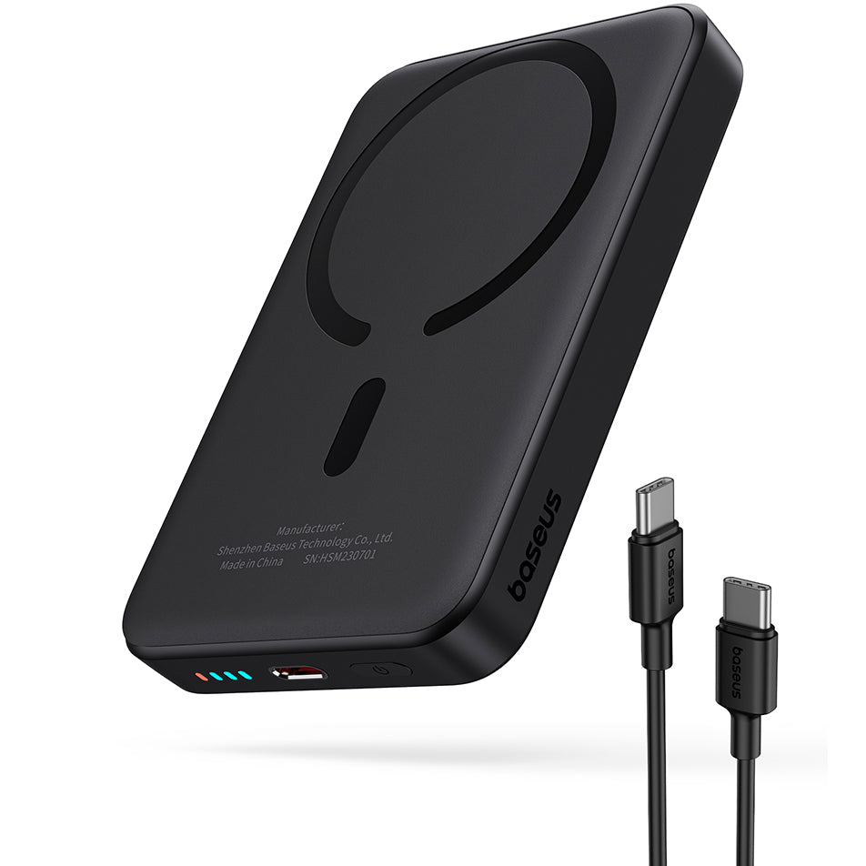 Externe Draadloze Batterij Baseus Magnetic Mini, 10000mAh, 20W, PD + FQI, 1 x QI - 1 x USB-C, Zwart P10059001113-00