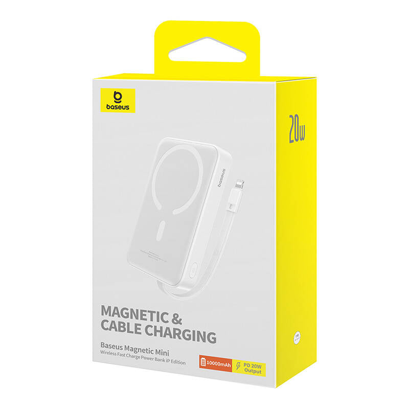 Externe Draadloze Batterij Baseus Magnetic Mini, 10000mAh, 20W, PD + FQI, 1 x Lightning - 1 x QI - 1 x USB-C, Wit P10022109223-00